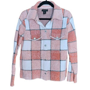 Rachel Zoe Butterscotch Beige White Plaid Fuzzy Women's Shacket Jacket Snap Up L